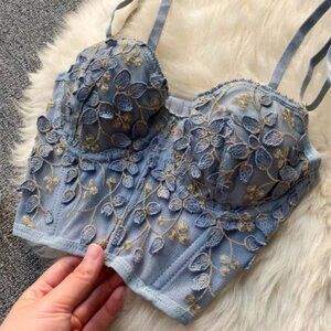 Women's Blue Embroidered Floral Bustier Corset Top and Panties